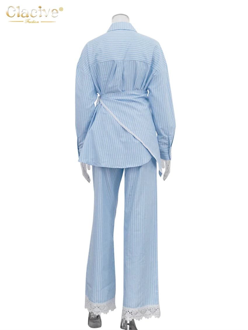 Clacive – ensemble 3 pièces ample à rayures bleues pour femmes, chemise élégante à manches longues +