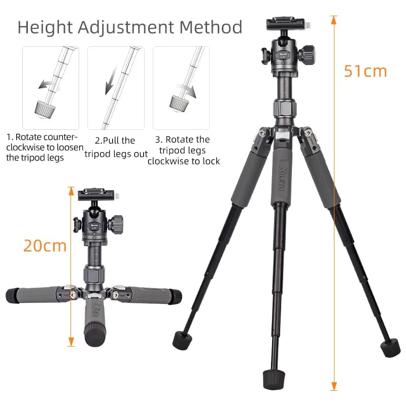 XILETU M5G Mini trépied de voyage léger Portable Mini trépied vidéo de table avec rotule à 360 degré