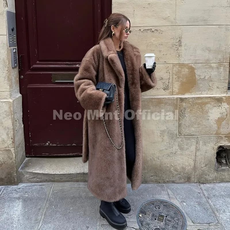 Neo Mint ceinturé fausse fourrure de vison manteau femmes 2025 hiver Beige dégradé fourrure veste de