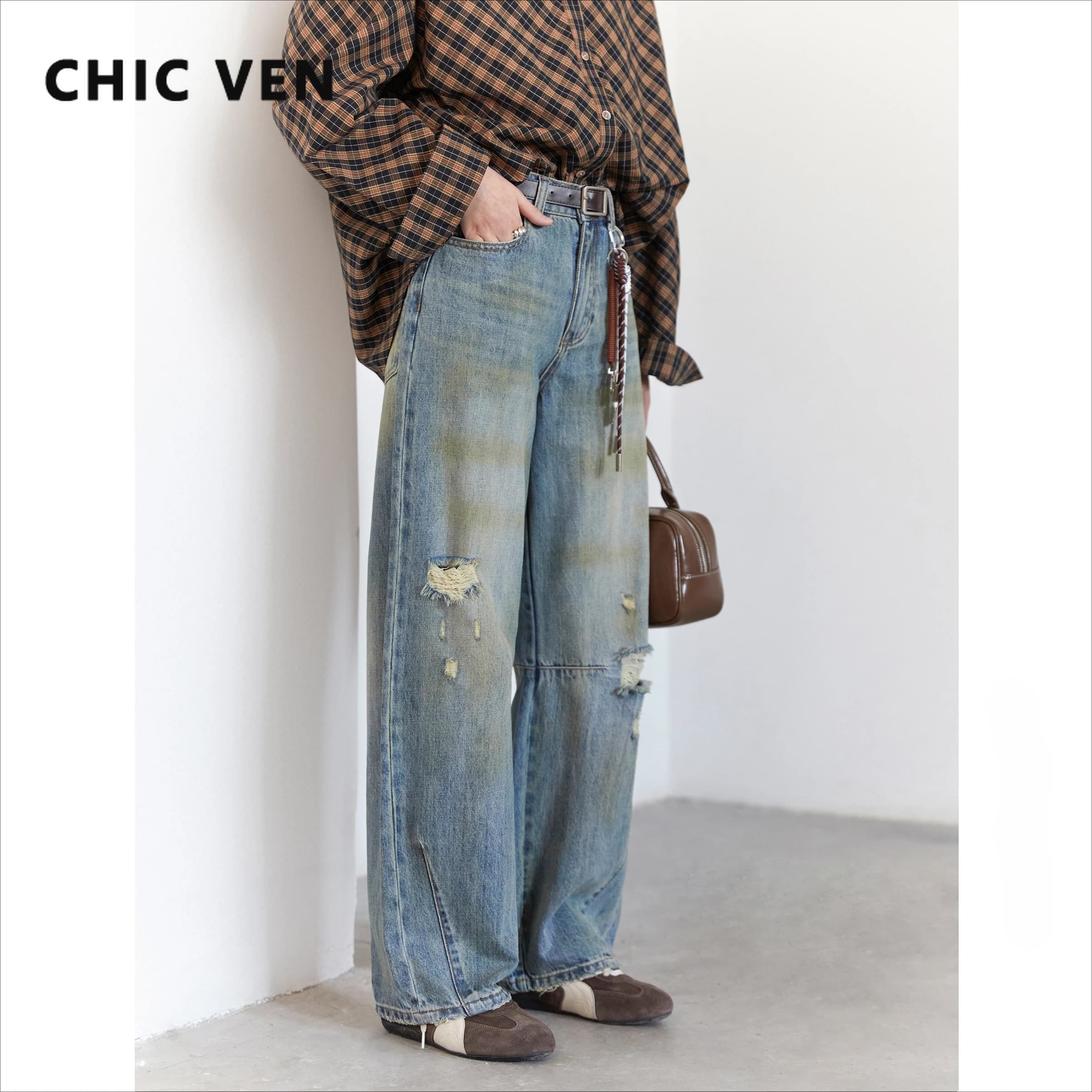 CHIC VEN rétro femmes jean ample décontracté nouveau taille haute jambes larges Denim pantalon femme