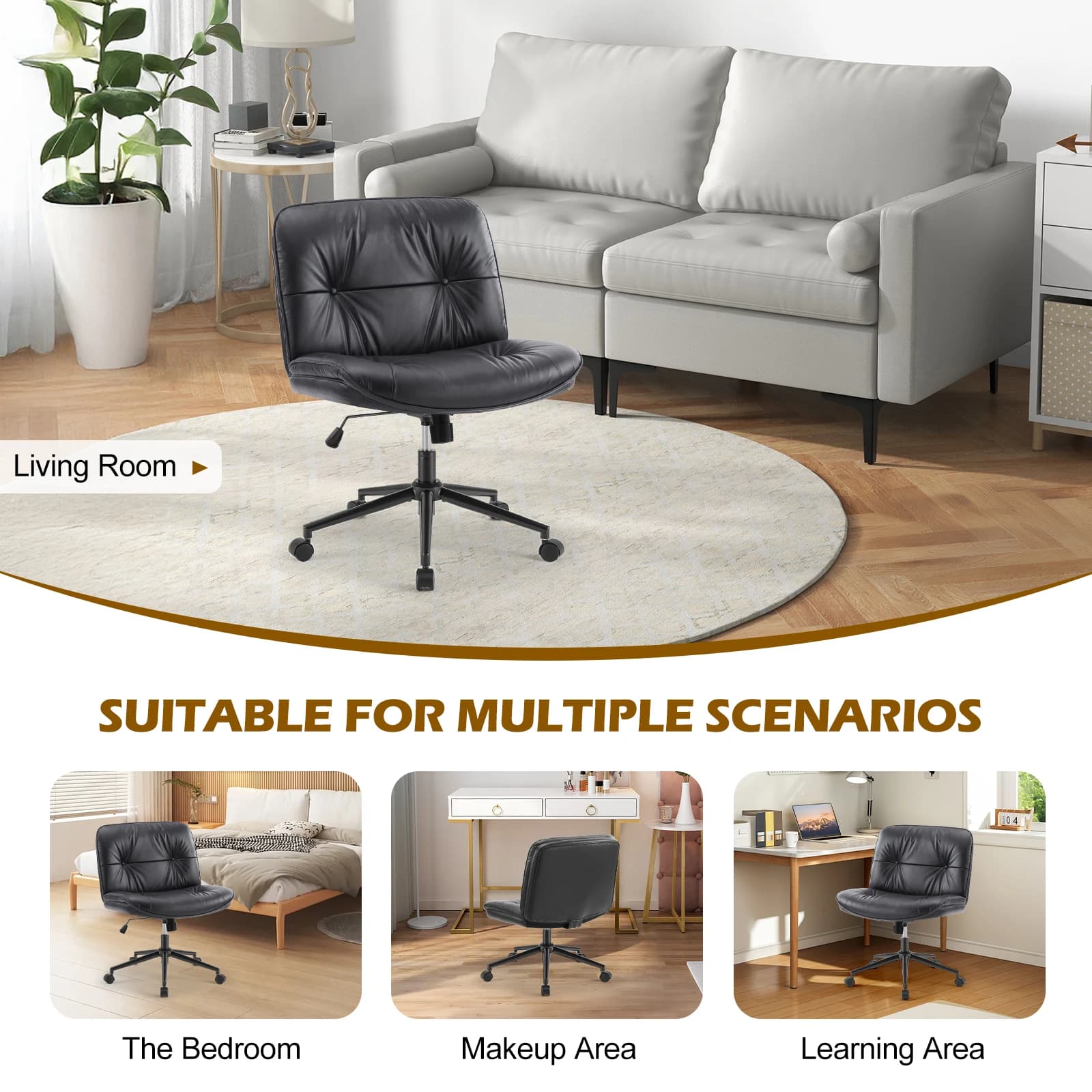 JHK – chaise de bureau en cuir PU à jambes croisées, avec roulettes, sans accoudoirs, siège large pi