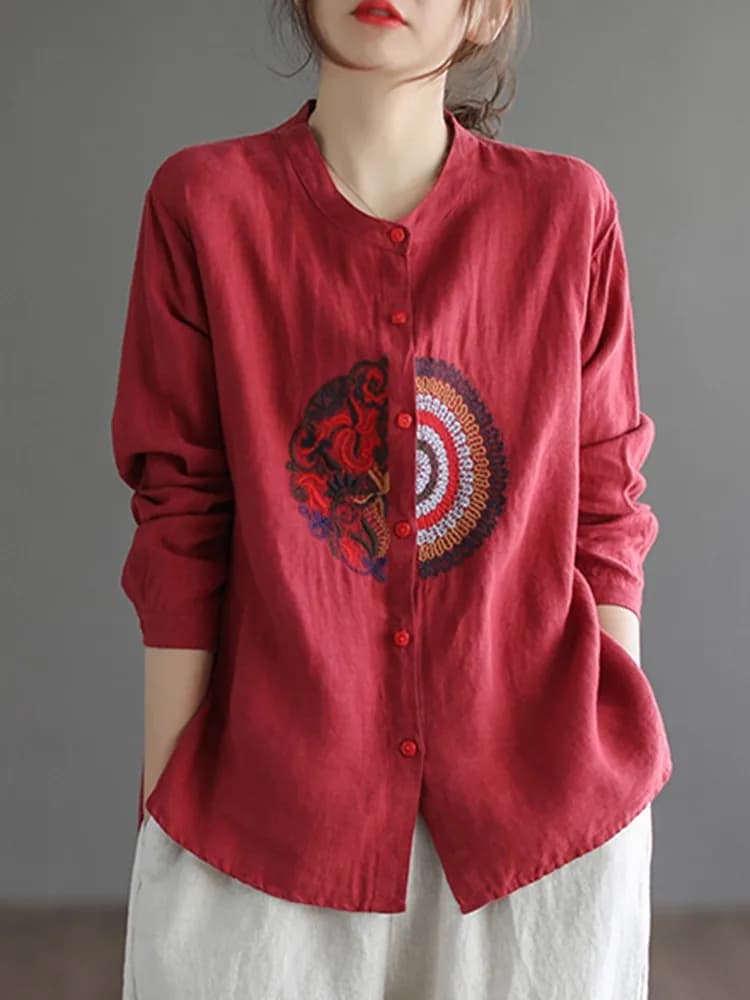 Chemises décontractées pour femmes, style vintage, col montant, broderie, tout match, printemps, fem