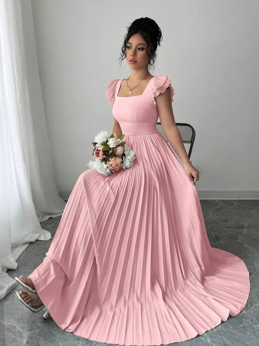 Robe maxi élégante à col carré vert menthe, manches à volants et plissée
