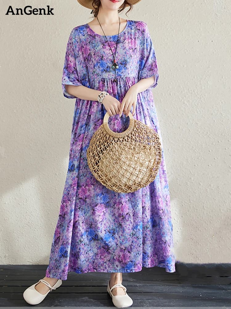 Robe longue vintage en coton à manches courtes et imprimé violet pour femme – Collection été 2026 – 