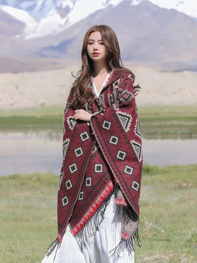 GypsyLady – cape à capuche bleue Vintage Chic, style bohémien, pour femme, chaude, ethnique, tricoté