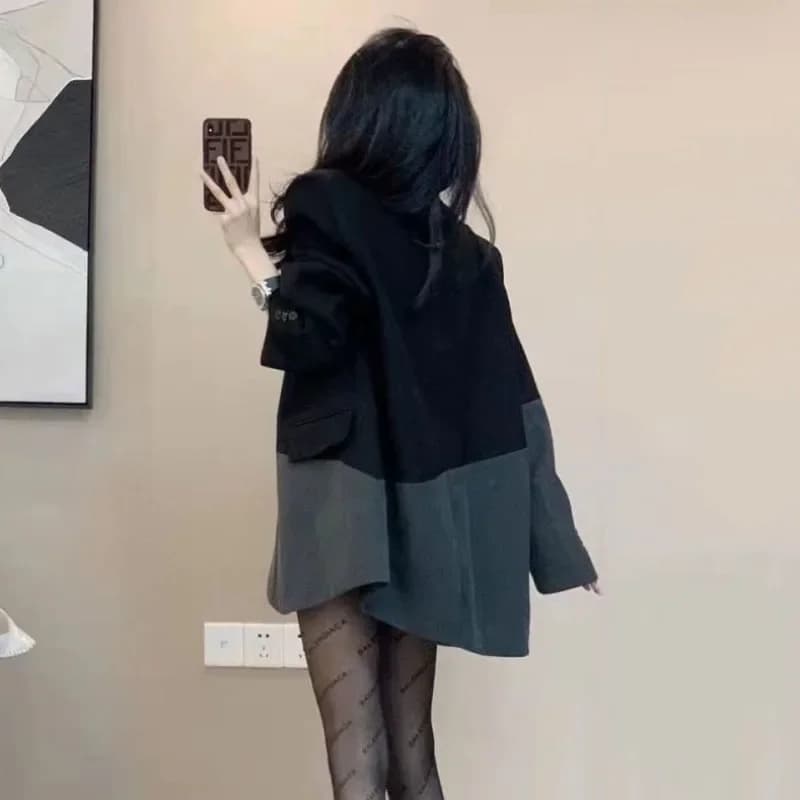 Blazer Épissé à Col Cranté pour Femme, Streetwear de Design Coréen, Harajuku, Vêtements d'Extérieur 