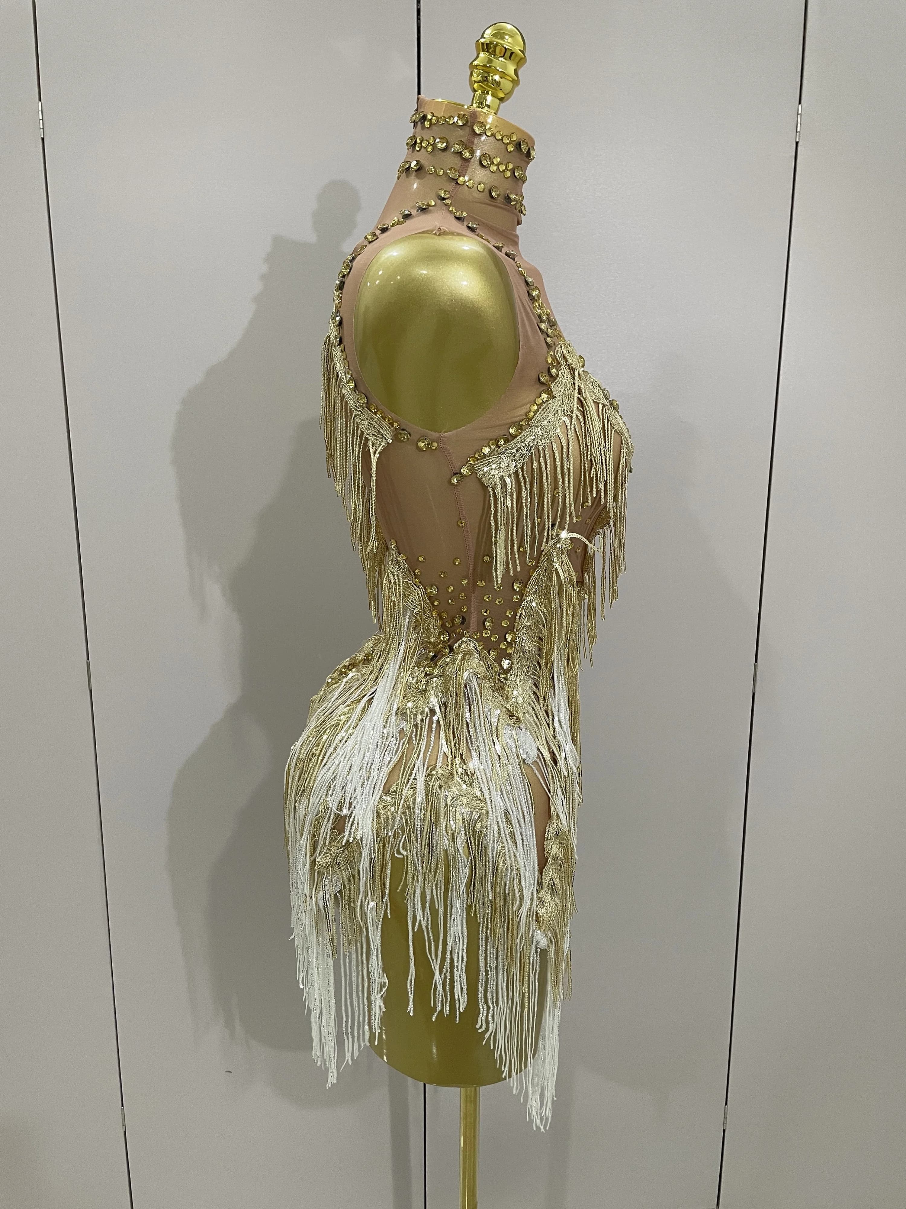 Stock 2025 femmes Sexy maille extensible brillant strass glands Mini robe discothèque chanteur danse
