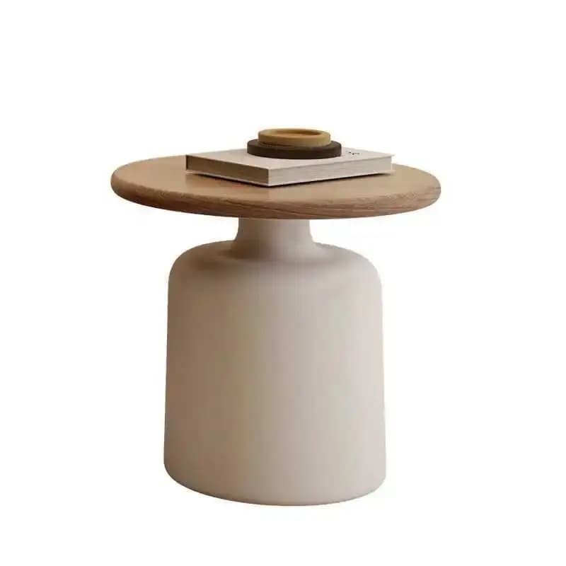 Table basse en bois moderne minimaliste, design à bords arrondis, base blanche courbée, couleur crèm