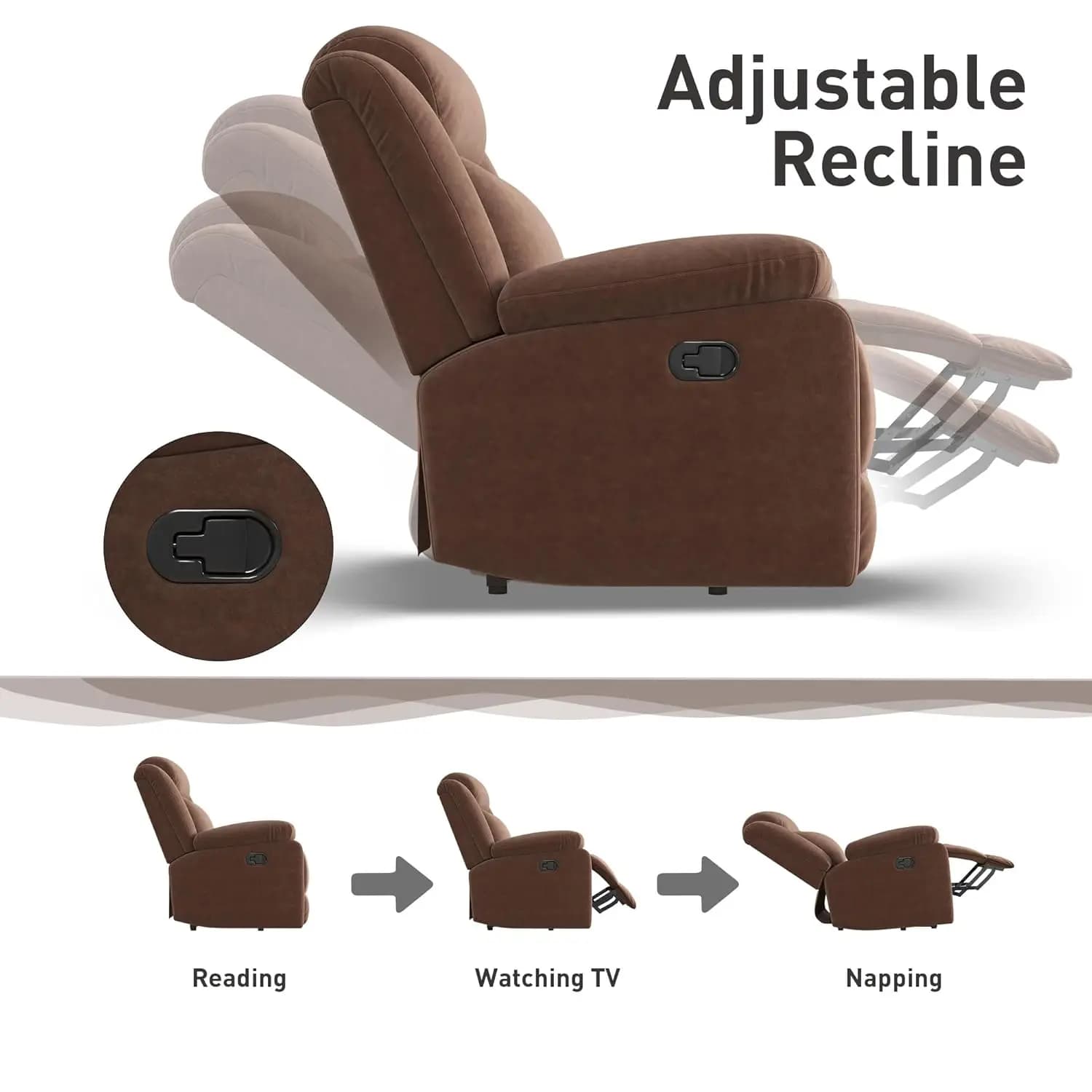 Fauteuil inclinable à bascule pour adultes, fauteuil inclinable à bascule manuel rembourré, canapé s