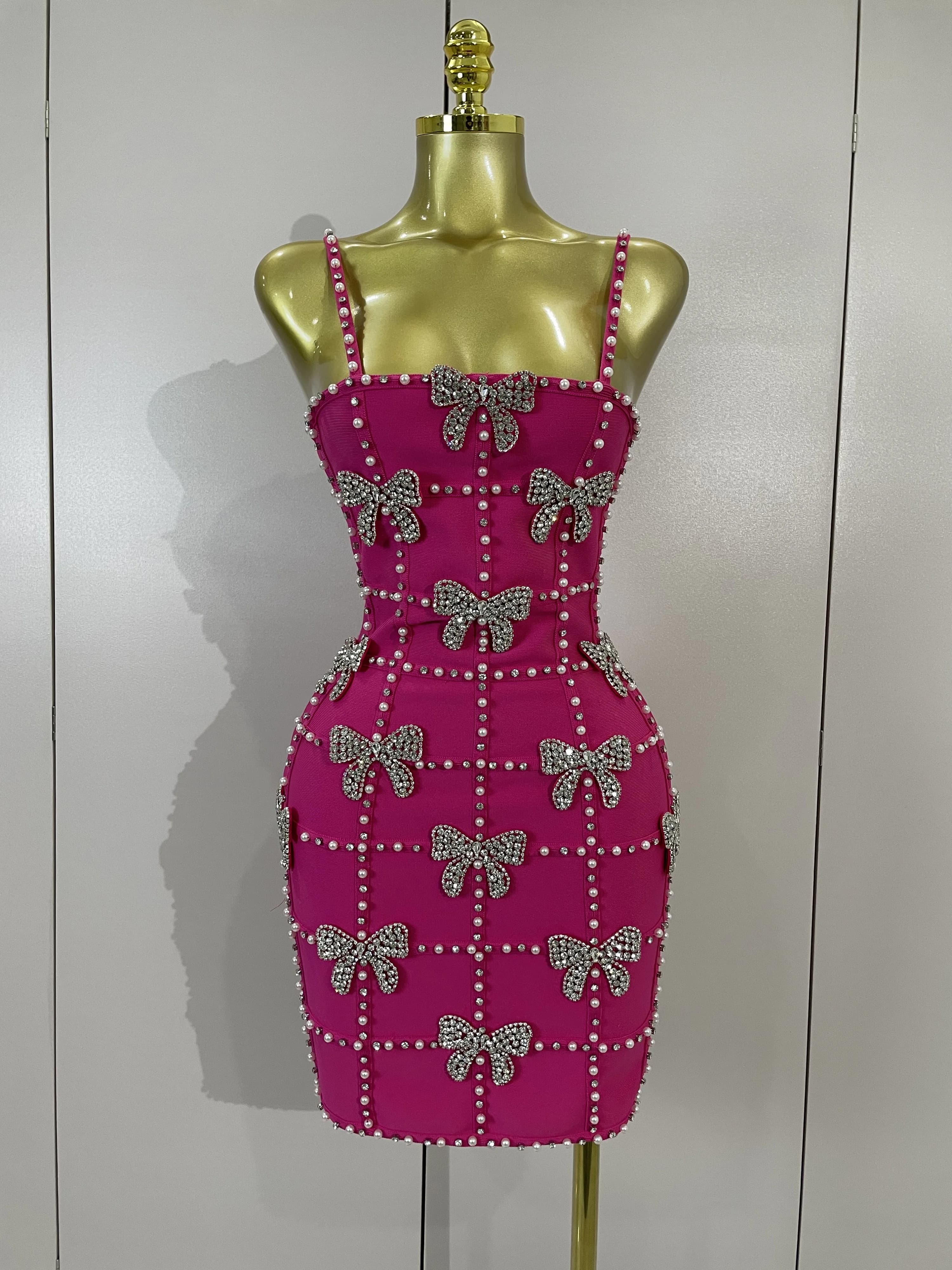 Robes mini en tricot élégantes et luxueuses pour femmes, avec nœuds, diamants et perles, pour soirée