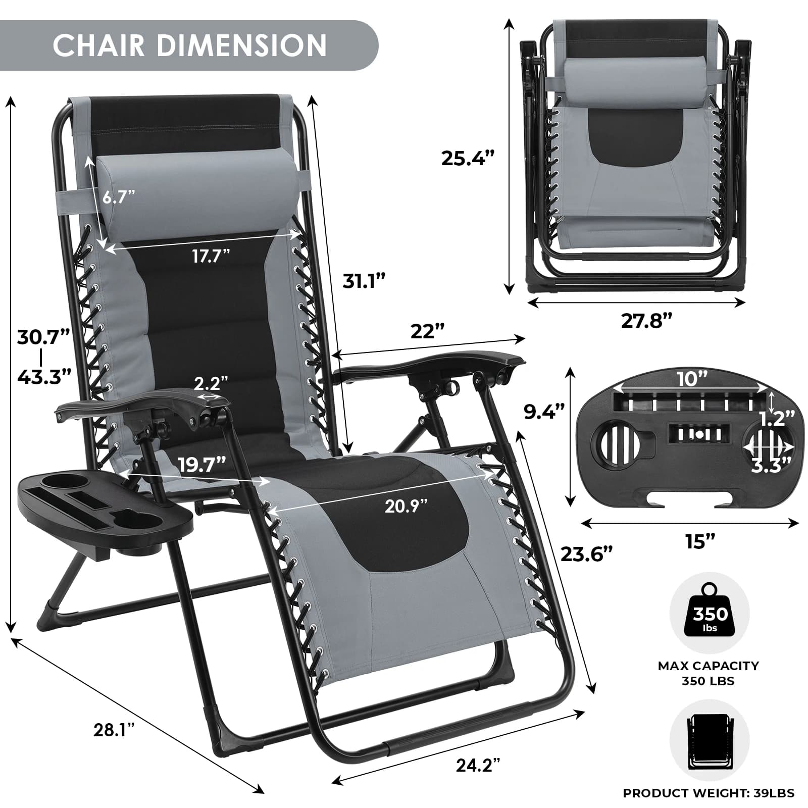 Chaise zéro gravité rembourrée, ensemble de 2 chaises inclinables pliables pour l'extérieur, chaise 