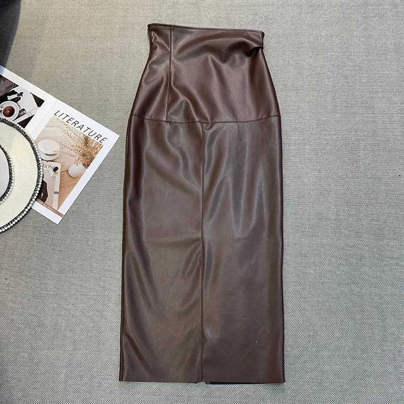Jupes vintage en faux cuir PU pour femmes, jupes mi-longues sexy avec ourlet fendu, jupe sirène pour