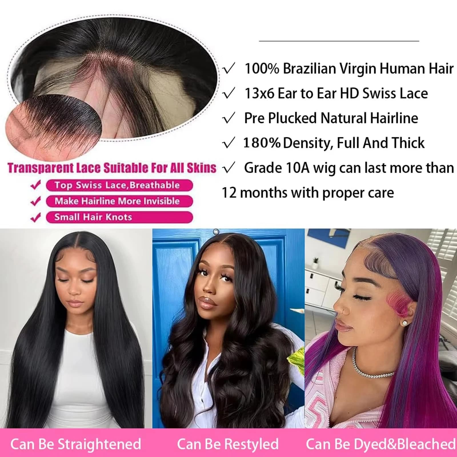 30 pouces 200 densité droite perruques de cheveux humains 13x6 Hd dentelle frontale perruque 360 den