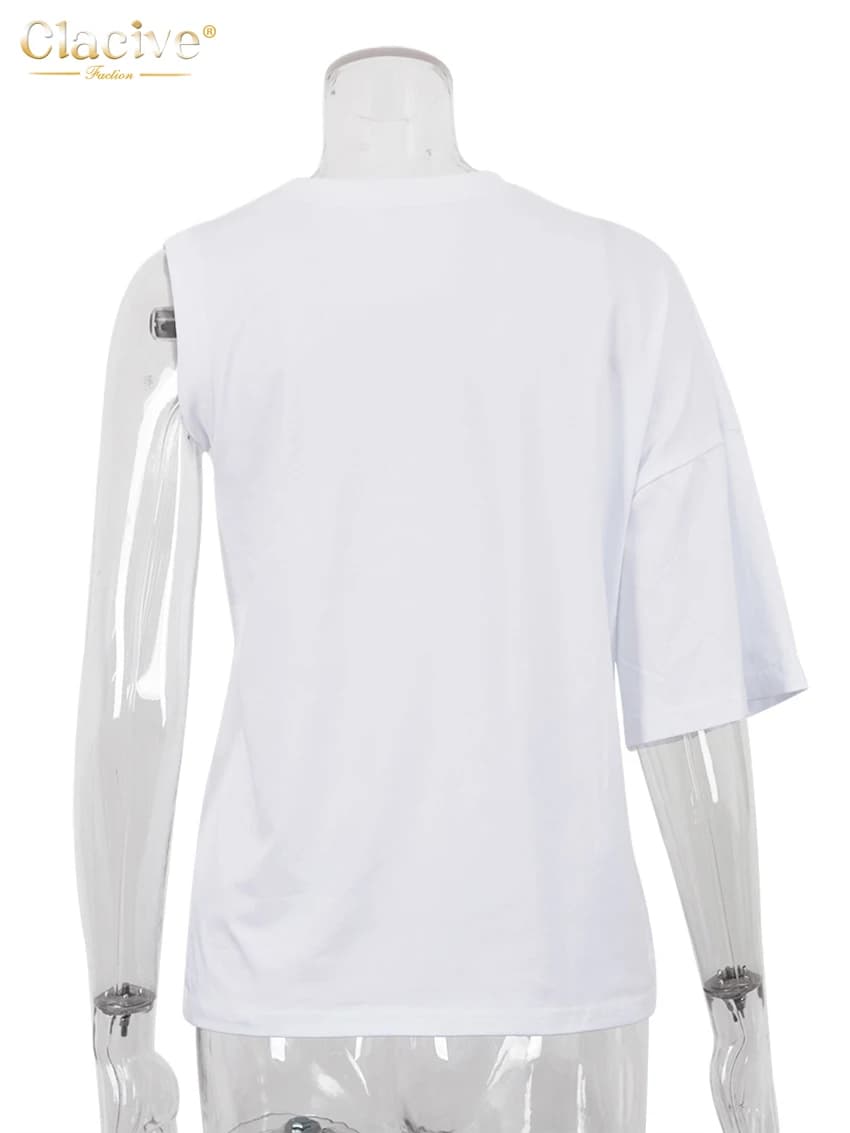 T-shirt manches courtes col rond femme, élégant, Chic, asymétrique, blanc, ample, à la mode, été, 20