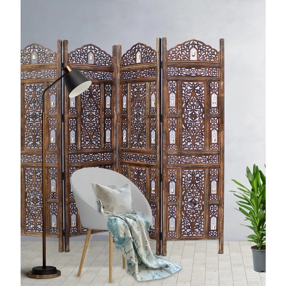 Écran pliant en bois marron antique à 4 panneaux avec cloches Ghanti, 72 x 80 - Séparateur décoratif
