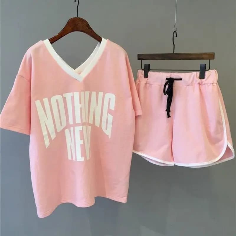 T-shirt manches courtes col en v pour femme, ensemble deux pièces, décontracté, ample, mode, été