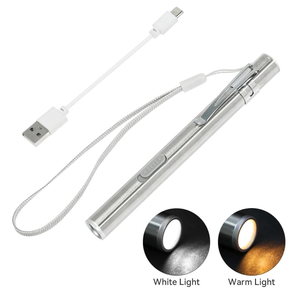 Mini lampe de poche médicale portable aste par USB avec pince en acier inoxydable, lampe torche LED 