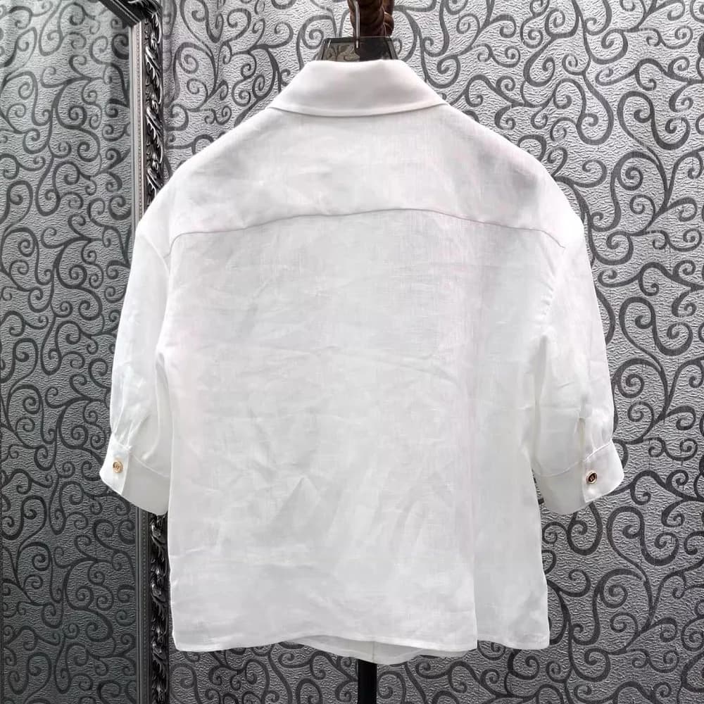 Chemisier 100% Lin pour Femme, Style Printemps-Été 2026, Col Rabattu, Imprimé Floral Violet, Manches