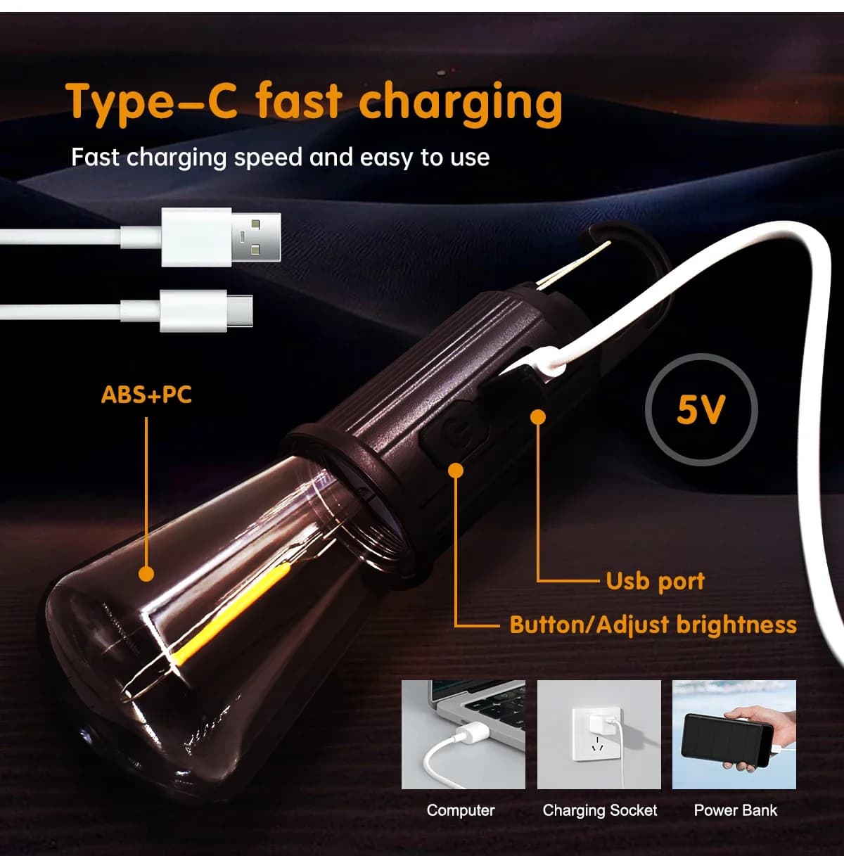 Lampe de Camping LED type-c, Rechargeable par USB, étanche, 400mAh, 100LM, pour tente, avec crochet,