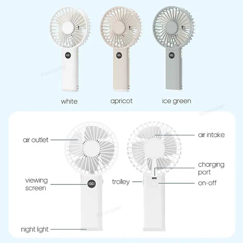 Mini ventilateur portable USB, 3600mAh, aste, avec contrôle de vitesse en continu, affichage veilleu