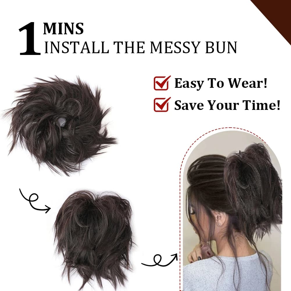 Chignon en désordre, Extension synthétique courte queue de cheval, bande élastique en caoutchouc, ph