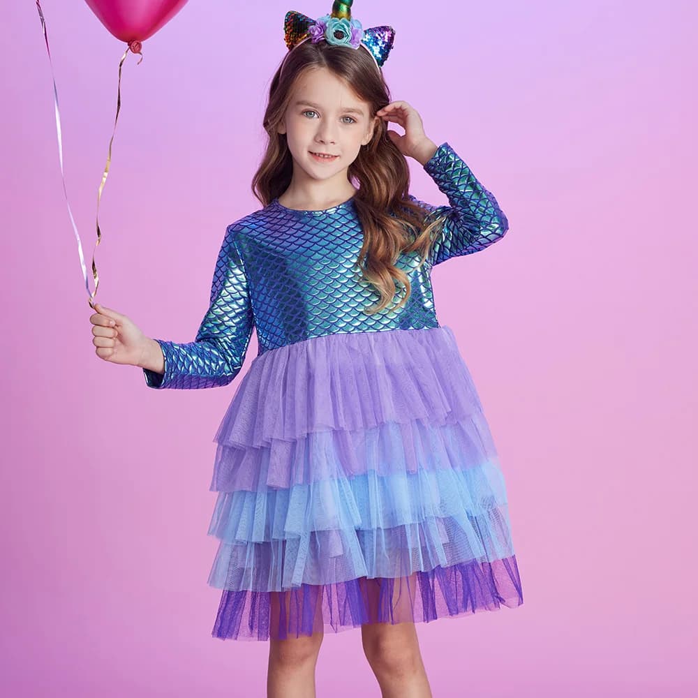 VIKITA filles robe imprimée sirène enfants couches maille Tulle gâteau robe de bal Tutu robes fille 