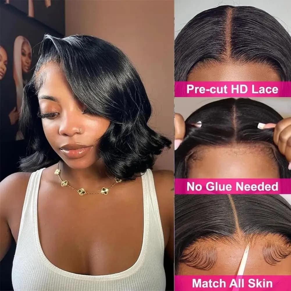 Perruques Courtes Bob Sans Colle Cheveux Humains Ondulés 5x5 HD Transparentes Lace Frontal Véritable