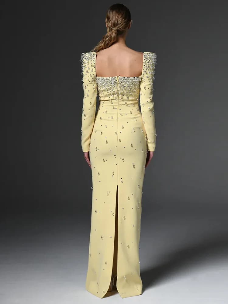 Robe longue maxi pour femme, col carré, perles et diamants, manches longues, nouvelle mode 2026, hau