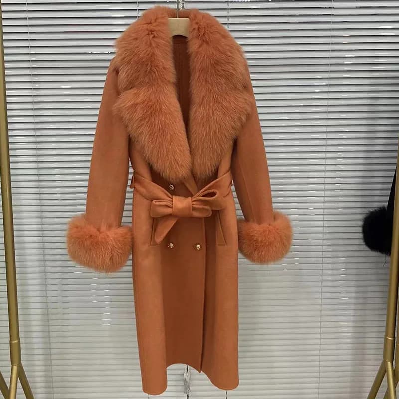 Manteau Long en laine mélangée pour femmes, avec grand col en vraie fourrure de renard, veste d'hive