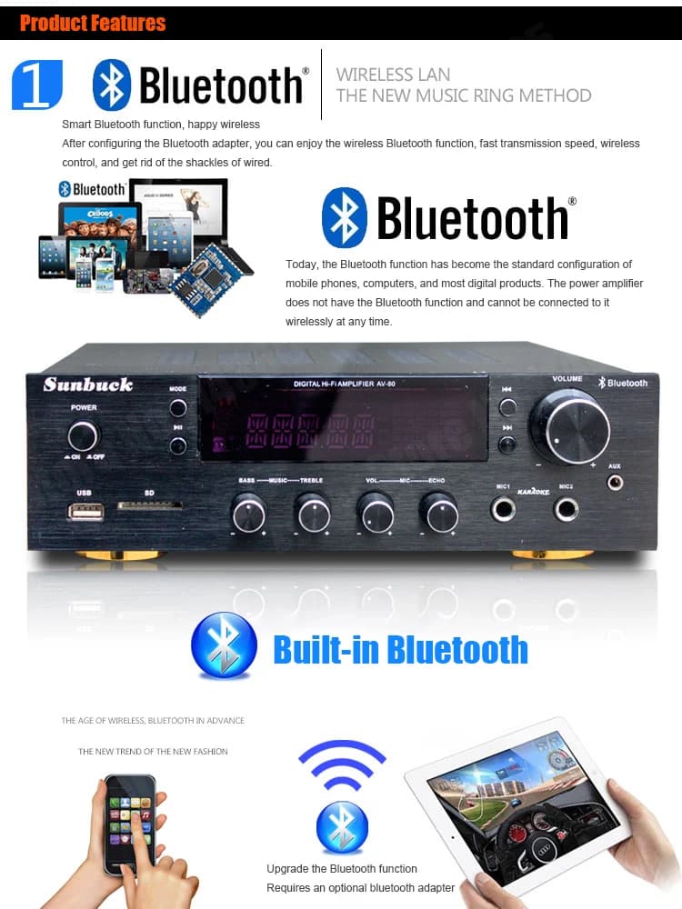 Sunbuck AV-80/298BT 2000W amplificateurs stéréo Bluetooth amplificateur HiFi professionnel haute pui
