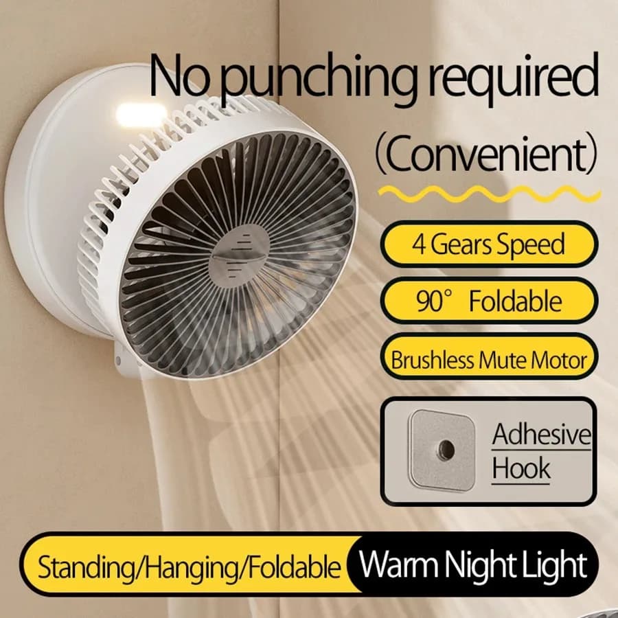 Ventilateur de bureau pliable Mini ventilateur mural avec veilleuse chaude Rechargeable 4 vitesses v