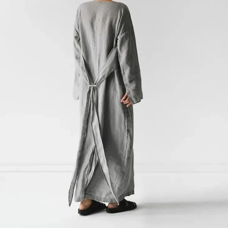 Robe longue décontractée en coton pour femmes, col rond, manches longues, gris uni, plis de document
