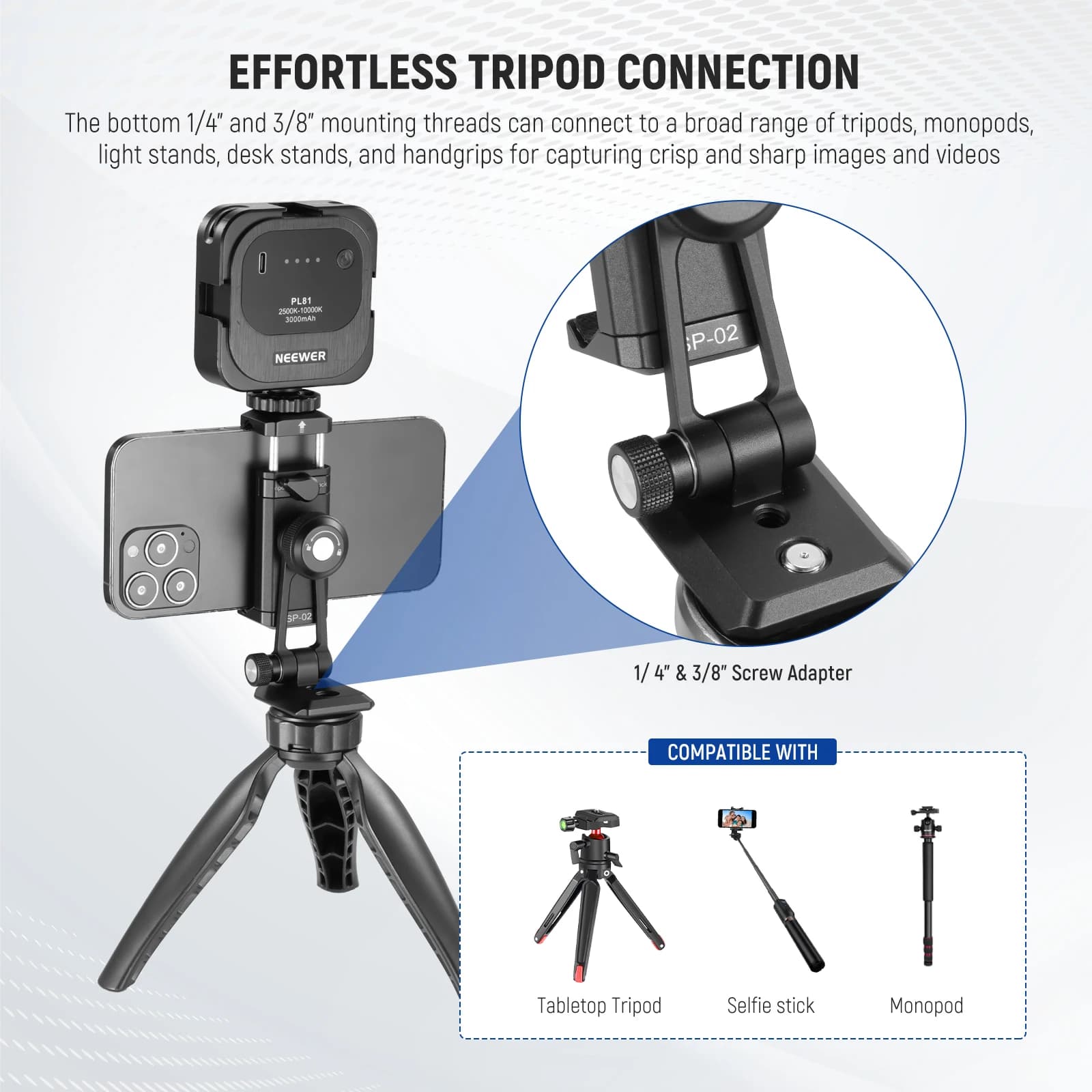 NEEWER Adaptateur de montage sur trépied pour téléphone en métal avec base Arca QR, chaussure froide