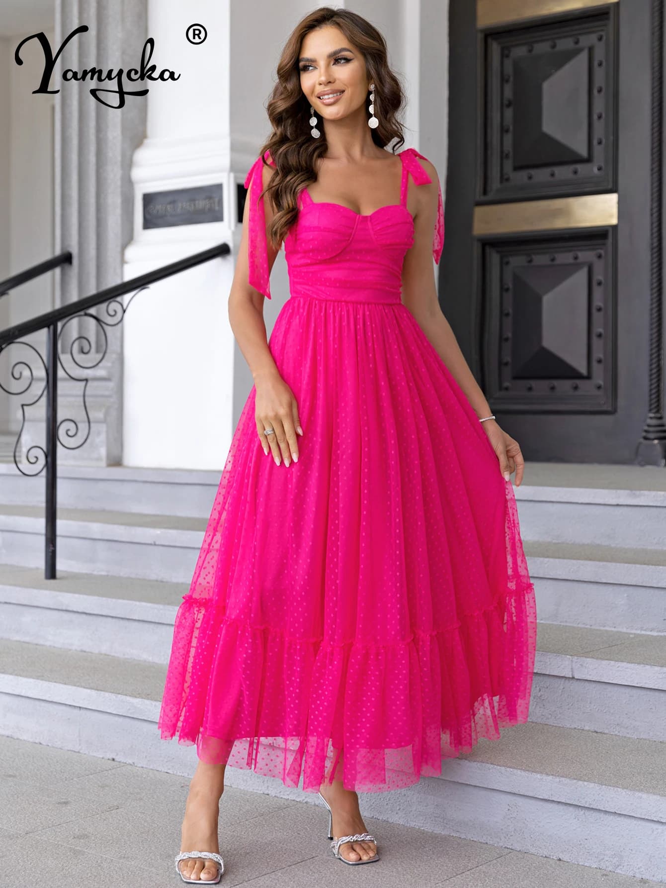 Robe longue d'été élégante en maille transparente dos nu pour femme 2026 – Robe de soirée de bal de 