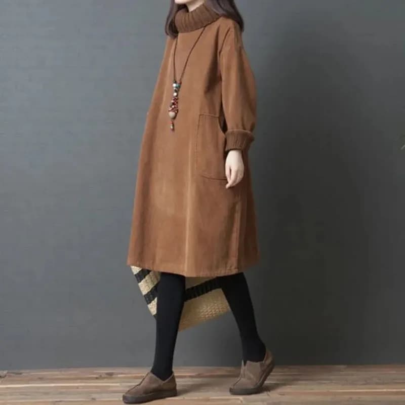 Robe mi-longue en velours côtelé rétro pour femme, pull, pull, velours ajouté, col haut, éducatif, a