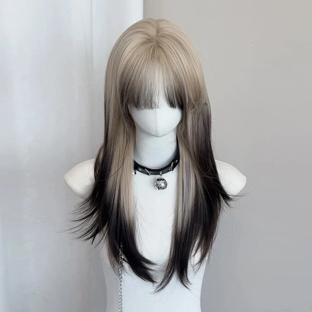 Perruque synthétique superposée noire Blonde ombrée pour Cosplay Lolita, perruque longue et lisse av