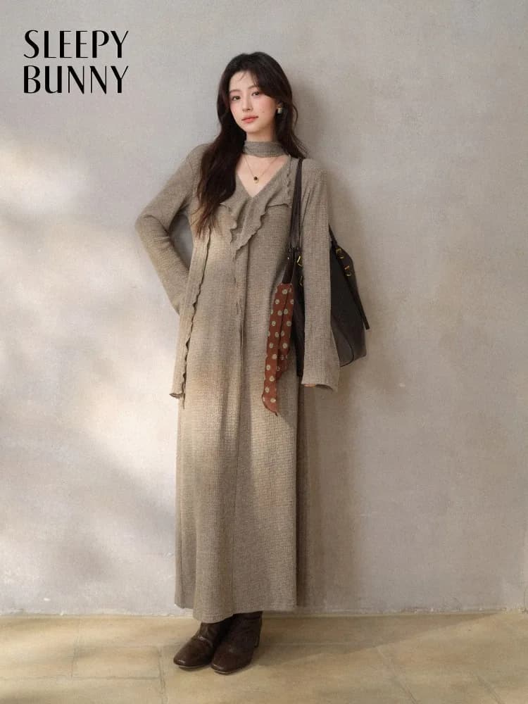 Robe française élégante en tricot, col en v, manches longues, élastique, Maxi, Design asymétrique, r