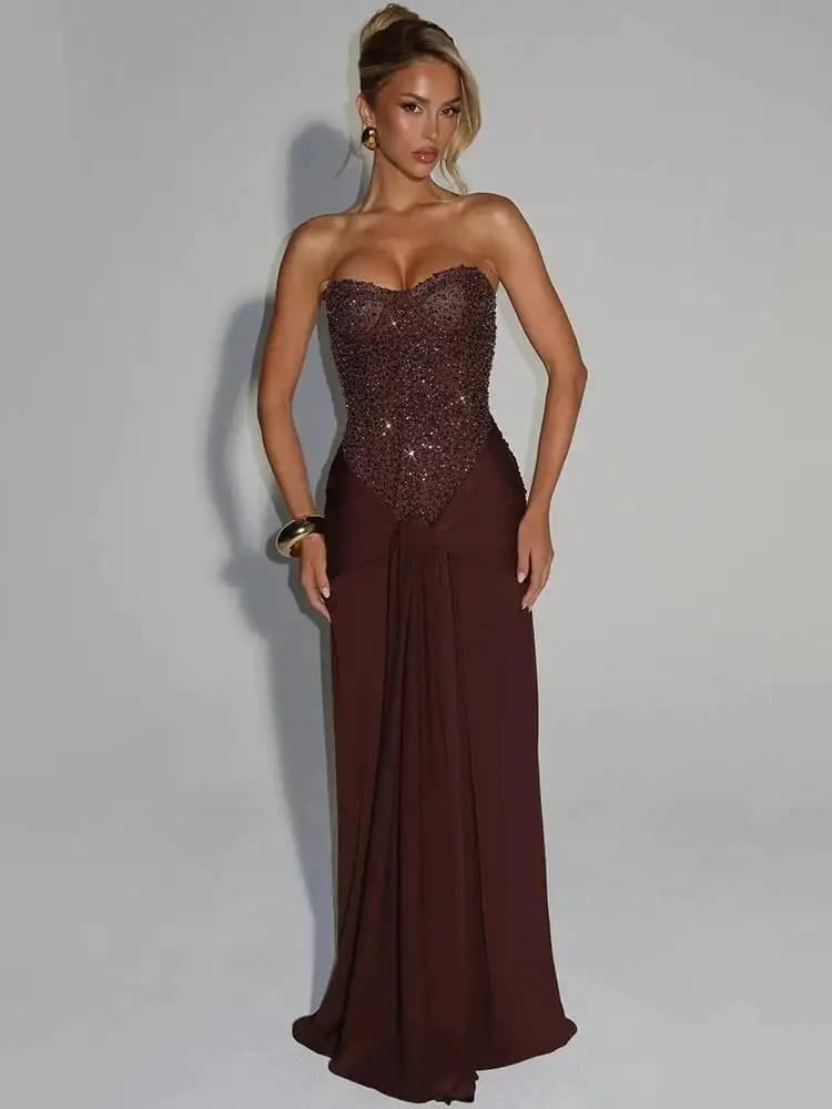 Mozision Sparkle épaules dénudées Sexy robe Maxi femmes élégant paillettes sans bretelles dos nu san