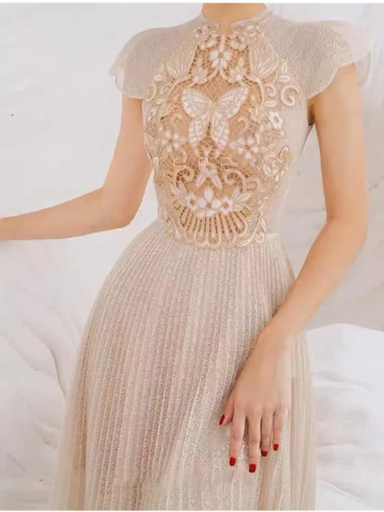 Robe brodée en dentelle évidée pour femme, manches courtes, patchwork, taille fine, longue, robe édu