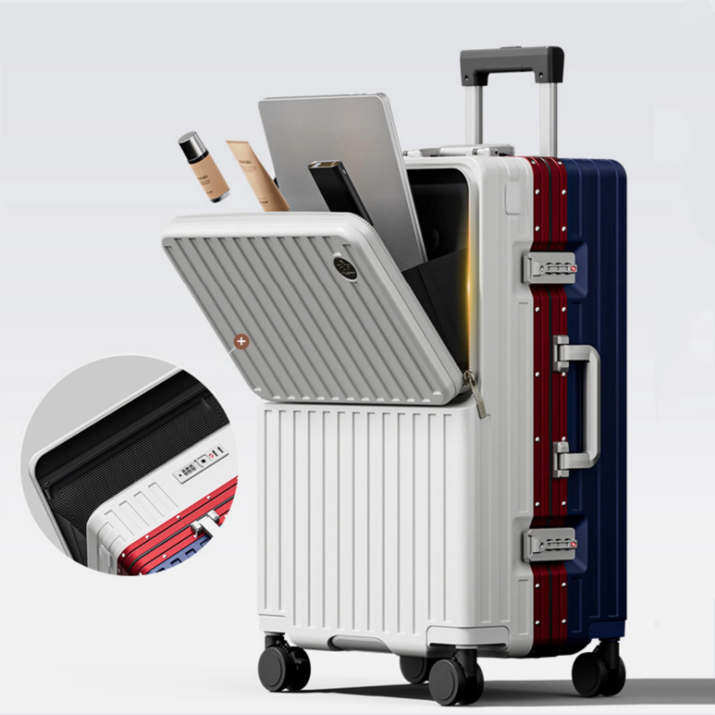 Valise à ouverture frontale en PC avec cadre en aluminium, serrure TSA, porte-gobelet et port de cha