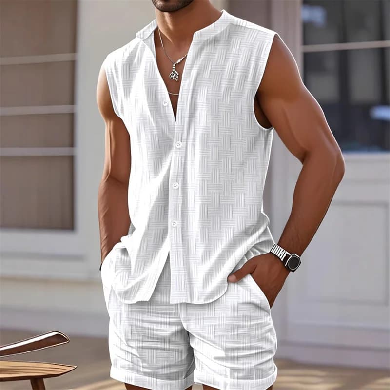 Ensemble deux pièces à carreaux pour hommes, chemise gilet, haut sans manches et short, short sans m