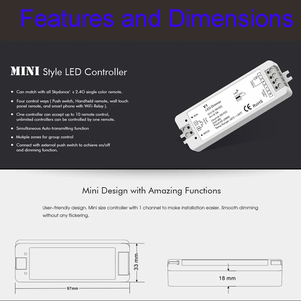 KIT de variateur LED de Style Mini RF, éclairage intérieur 12V 24V 1CH, contrôleur de gradation LED 