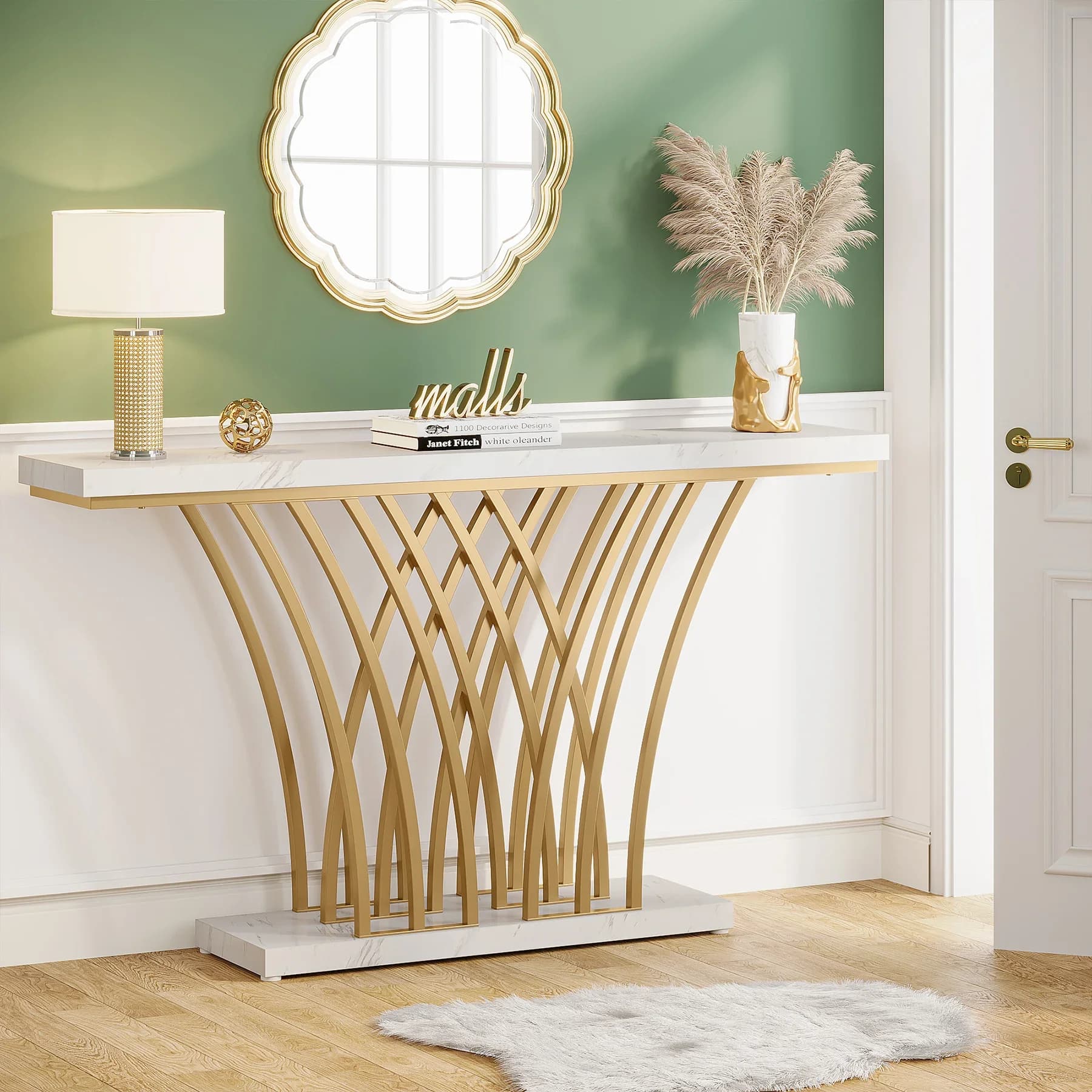 Tribesigns Table console dorée de 59 pouces, table d'entrée moderne avec base en métal en forme de g