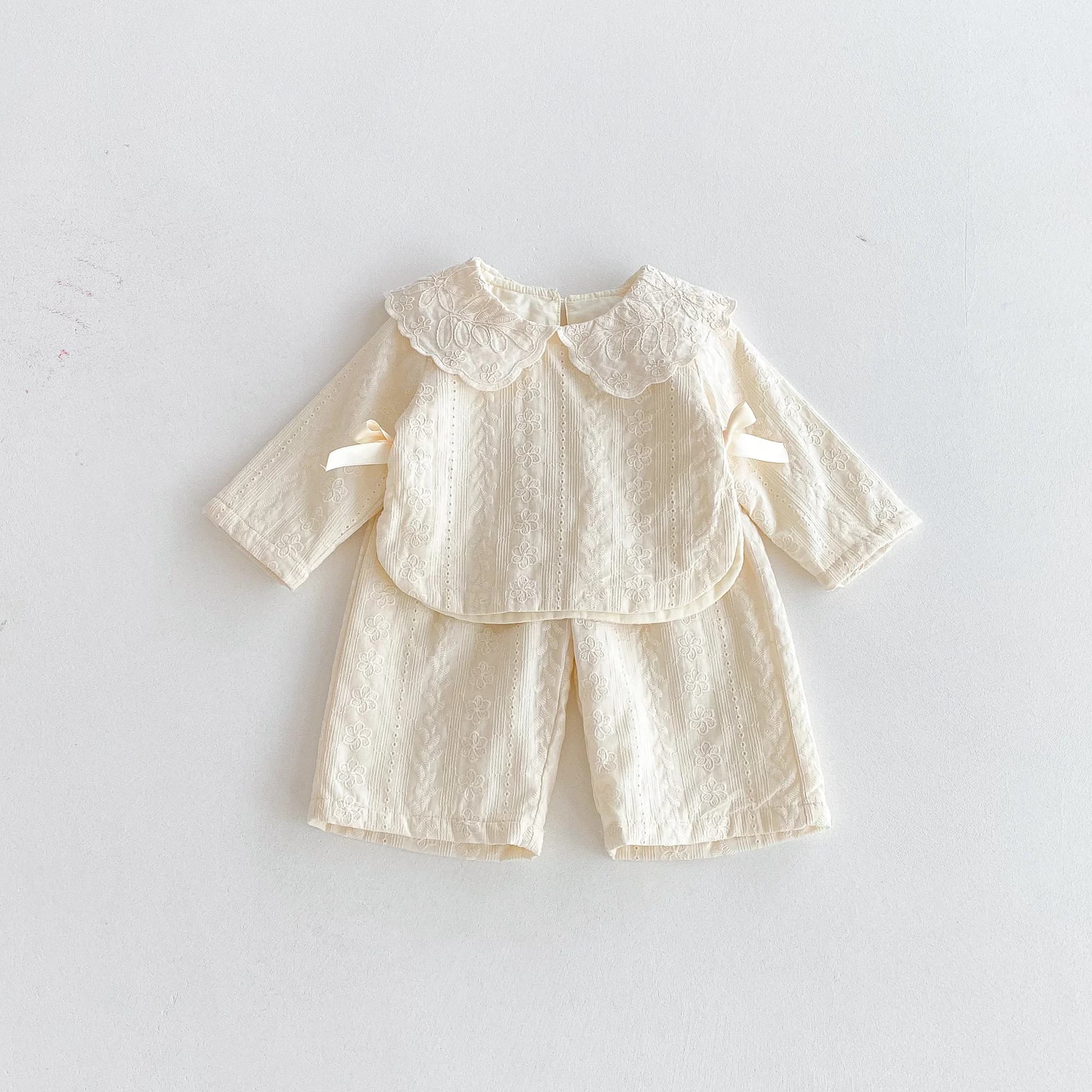 Haut à col en dentelle pour bébé fille, ensemble pantalon à jambes larges, haut à nœud pour fille d'