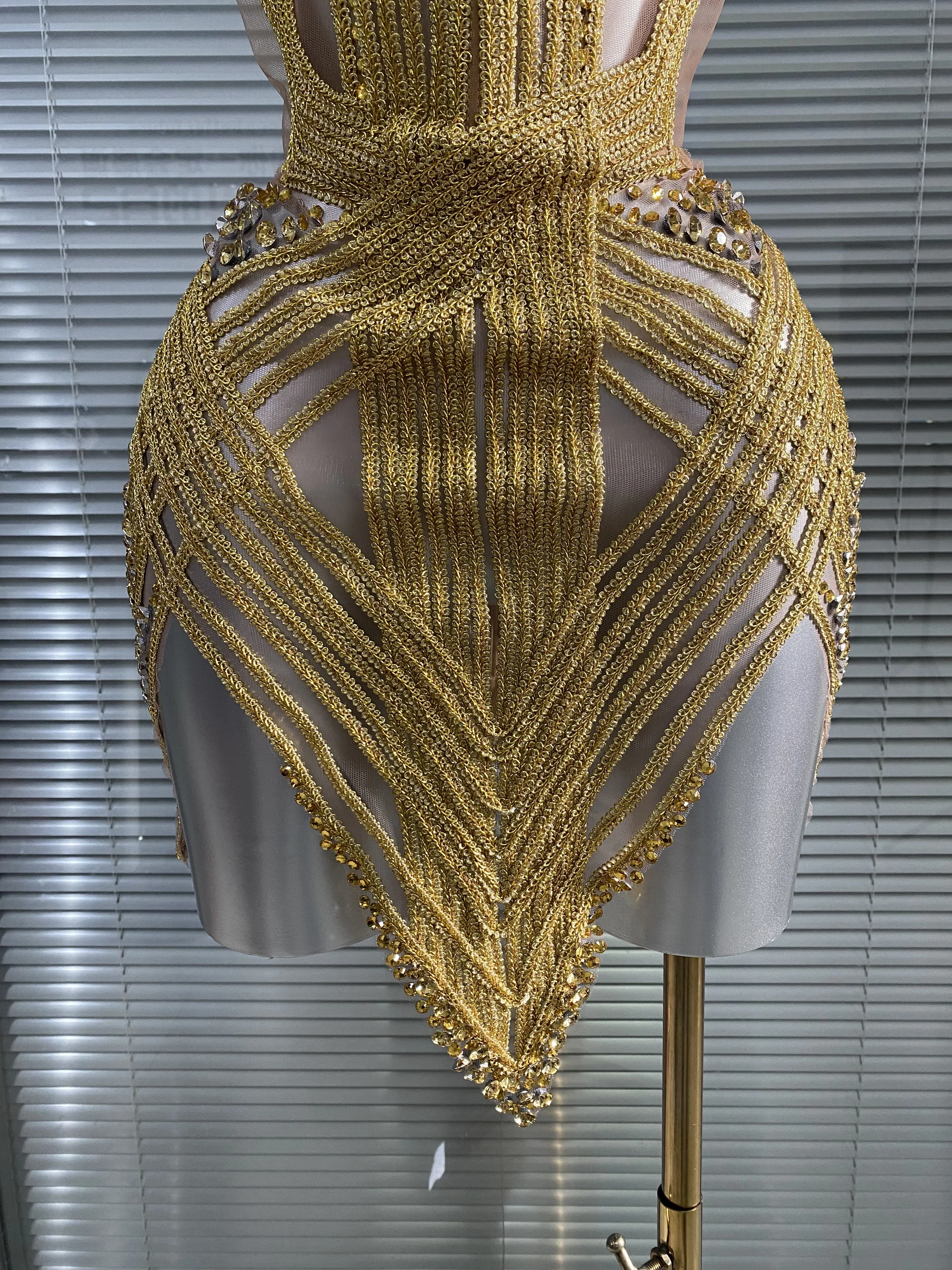 Ensemble sexy deux pièces pour femmes, jupe dorée élégante pour boîte de nuit, costumes de scène pou