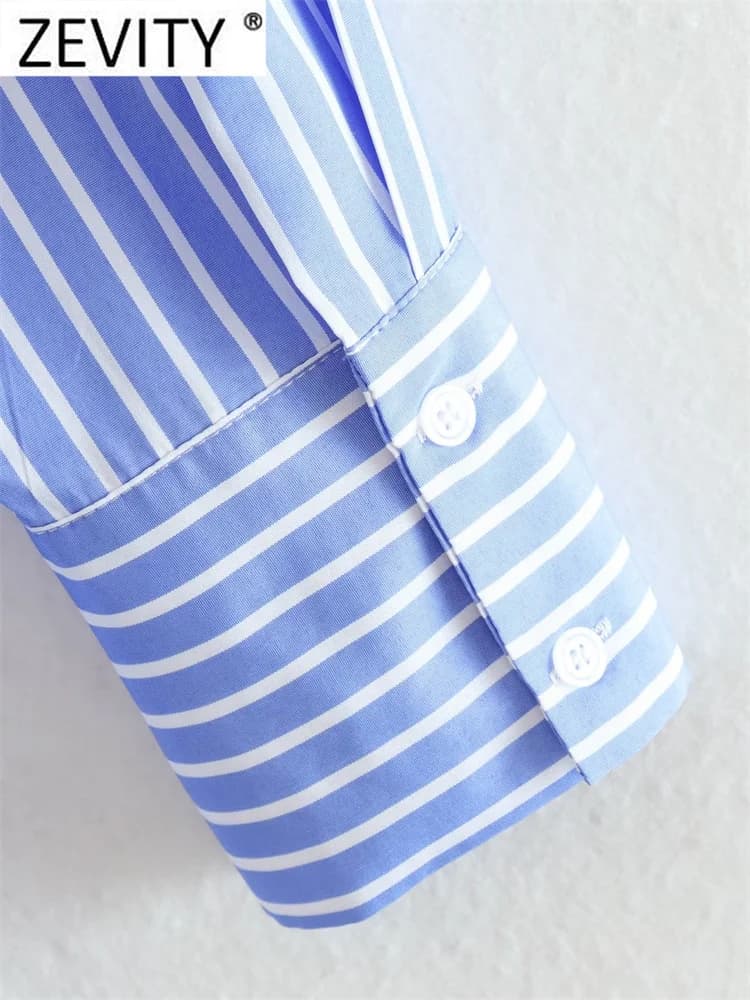 Zevity femmes mode blanc bleu rayé imprimé chemise ample bureau dame Double poche Patch Smock Blouse