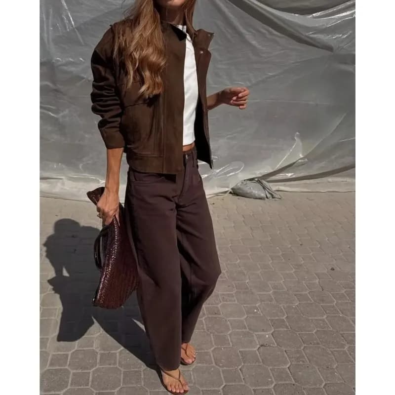 Femmes veste en cuir suédé avec poches automne mode col haut à manches longues bouton veste dame man