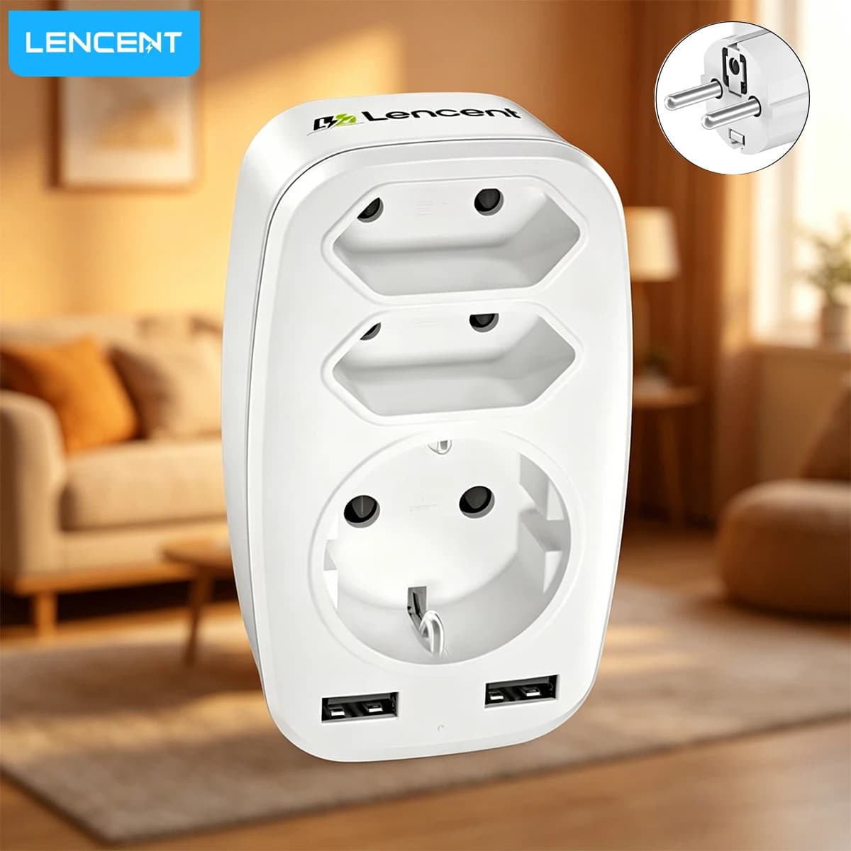Prise d'extension LENCENT, adaptateur enfichable à 3 prises