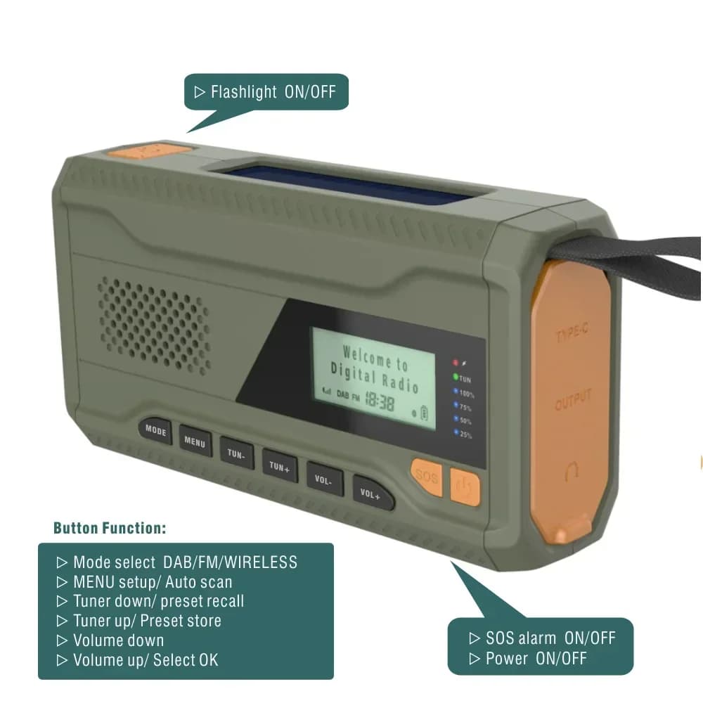 Récepteur radio solaire portable avec lampe de poche, radio d'urgence Bluetooth, haut-parleur de cam