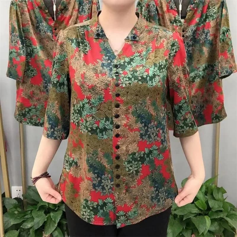 Haut à col en v fragmenté pour maman âgée d'âge moyen, chemise ample avec tempérament Noble, pour X4